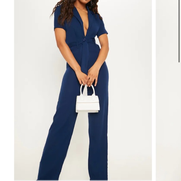 Navy Tailored Tie Waist Wide Leg Jumpsuit - Picture 3 of 5